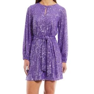 LDT Dress Elegant Purple Sequins Irma Long Sleeve Tie Waist Cutout Neckline